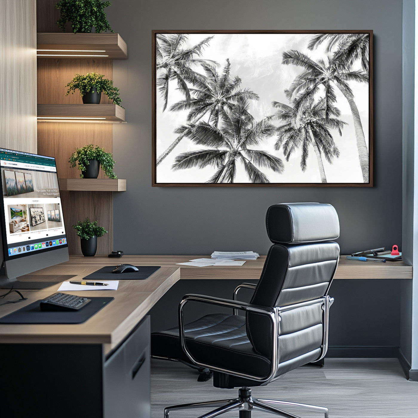 62113786-MGV-CV-36X24-Black White Palm Wall Art Canvas Print, Framed Monochrome Tropics Art Picture Print, Coastal Minimalist Decor
