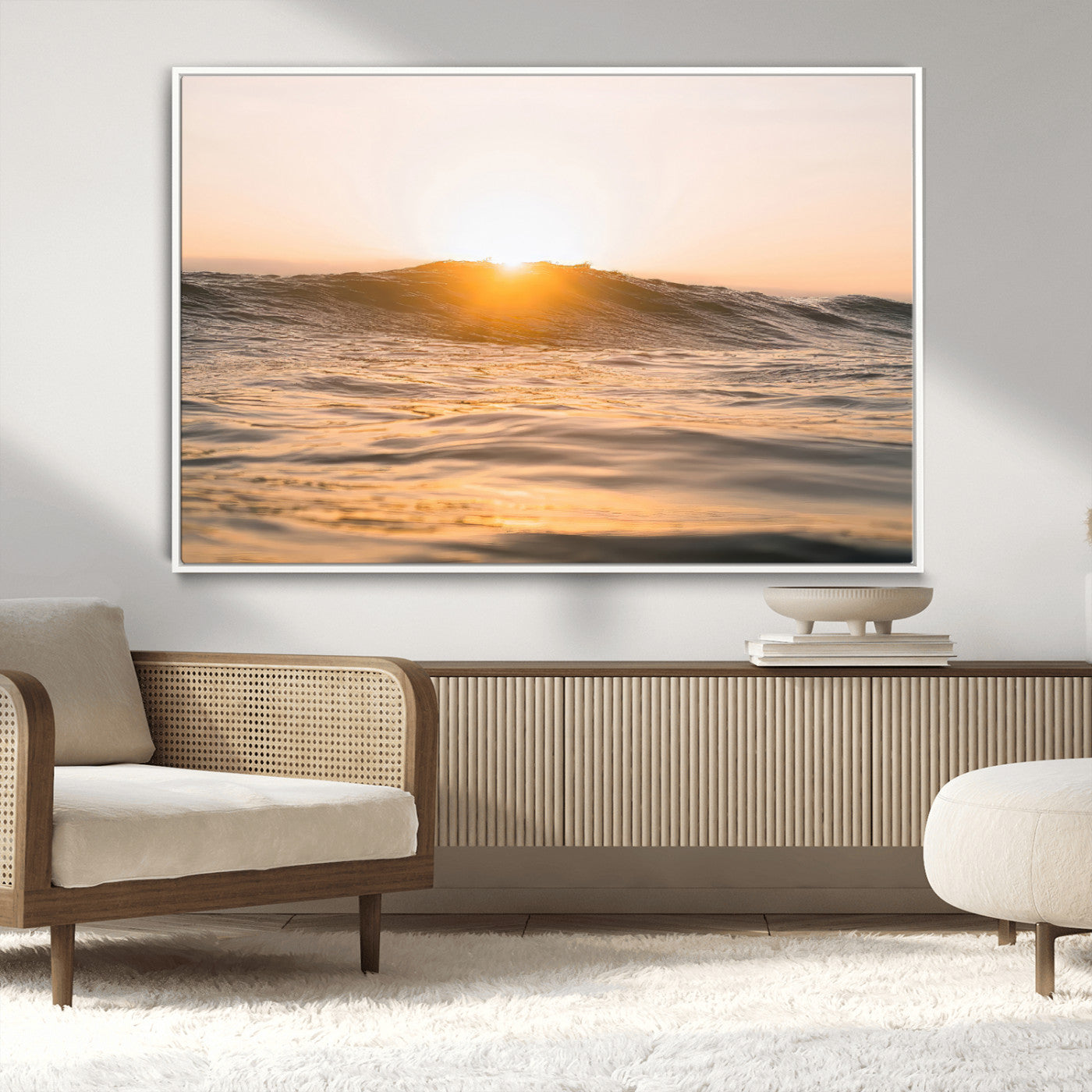 MGV-FC-36X24 - Calm Water Wall Art Canvas Print, Framed Sunset Waves Art Picture Print, Coastal Warmth Perfect Warm Minimalist Decor Artwork