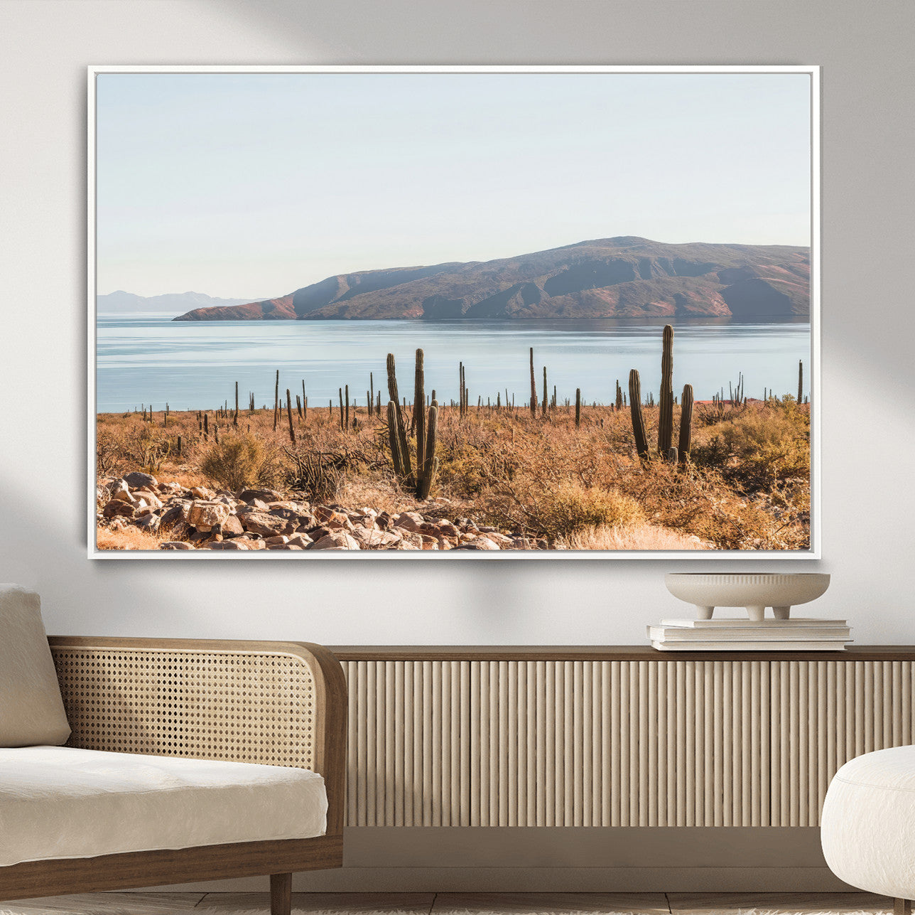 45193515-MGV-CV-36X24-Desert Lake Wall Art – Framed Cactus Mountain Canvas Artwork, Earthy Southwest Design, Rustic Nature Decor for Home, Office