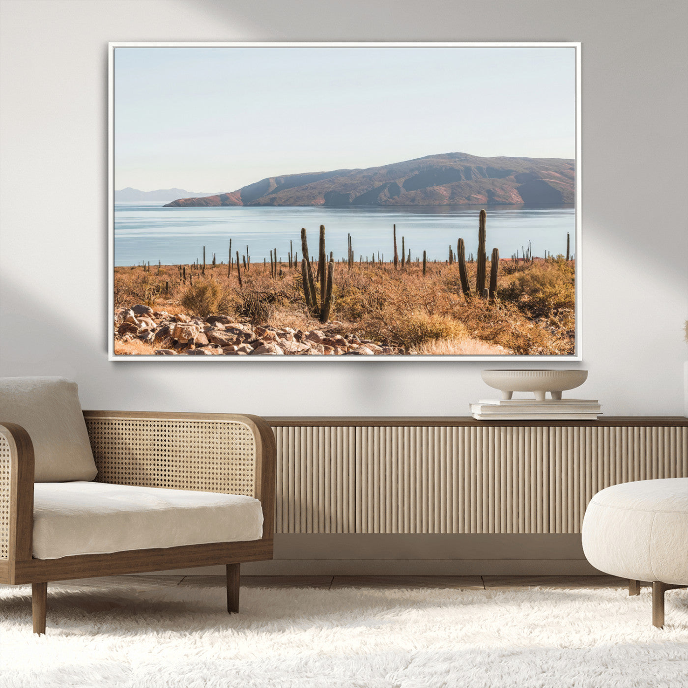 MGV-FC-36X24 - Desert Cactus Wall Art Canvas Print, Framed Baja Coastline Art Picture Print, Coastal Desert Perfect Southwestern Minimalist Decor Artwork