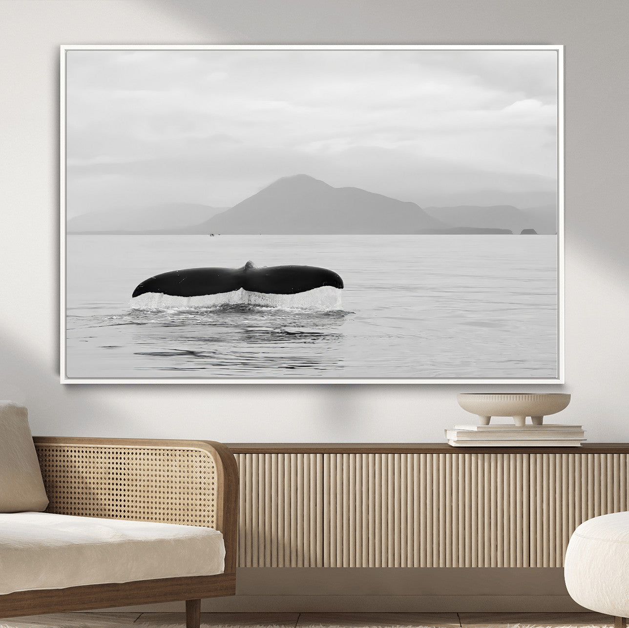 MGV-FC-36X24 - Whale Tail Wall Art Canvas Print, Framed Black White Ocean Art Picture Print, Calm Marine Perfect Minimalist Coastal Decor Artwork