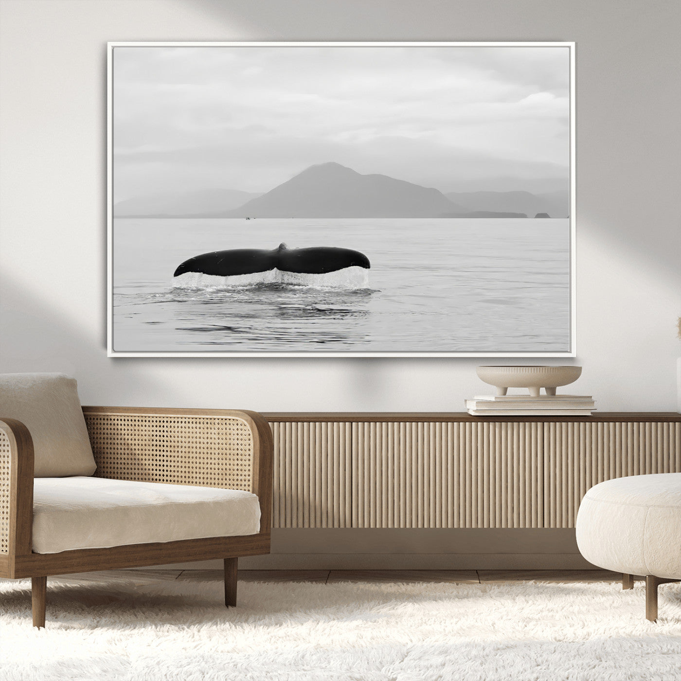 MGV-FC-36X24 - Whale Tail Wall Art Canvas Print, Framed Black White Ocean Art Picture Print, Calm Marine Perfect Minimalist Coastal Decor Artwork