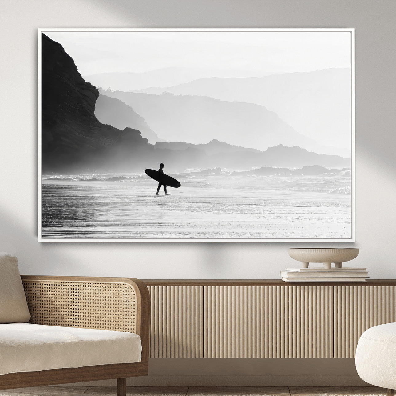 MGV-FC-36X24 - Surfer In Fog Wall Art Canvas Print, Framed Moody Shoreline Art Picture Print, Cliffside Waves Perfect Minimalist Coastal Decor Artwork