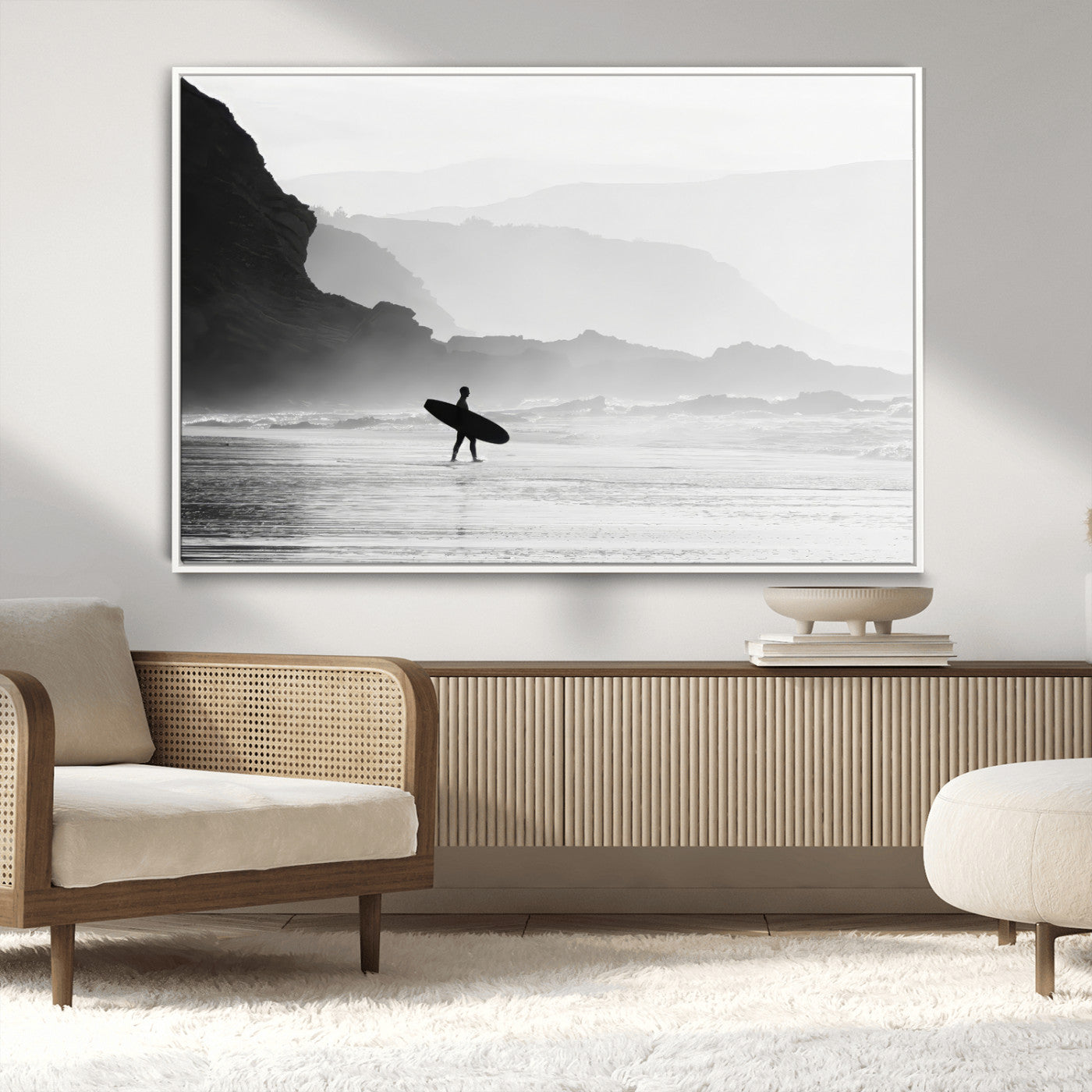 MGV-FC-36X24 - Surfer In Fog Wall Art Canvas Print, Framed Moody Shoreline Art Picture Print, Cliffside Waves Perfect Minimalist Coastal Decor Artwork