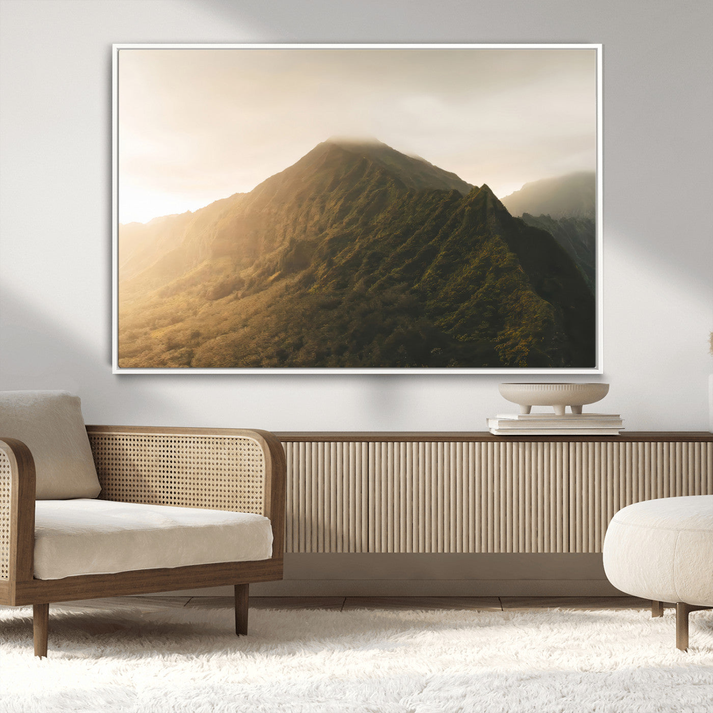 MGV-FC-36X24 - Golden Mountain Wall Art Canvas Print, Framed Misty Summit Art Picture Print, Rugged Landscape Perfect Moody Wilderness Decor Artwork