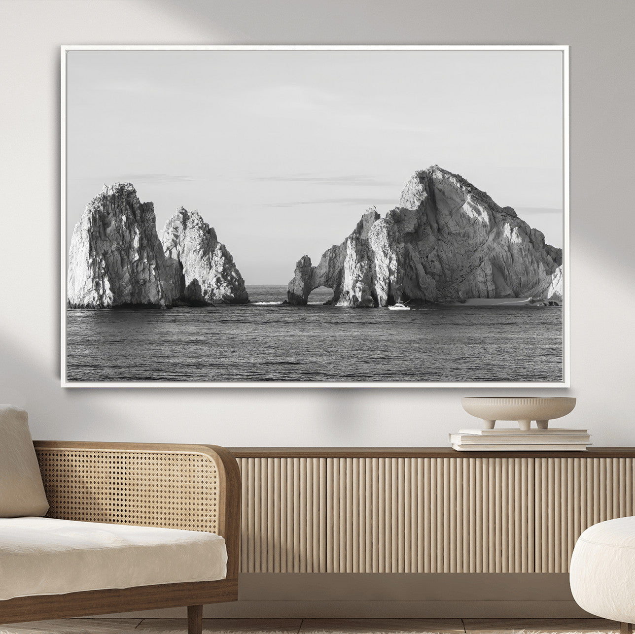18810731-MGV-CV-36X24-Coastal Rock Arch Wall Art – Framed Black White Ocean Canvas Artwork, Natural Cliff Design, Minimal Decor for Home, Office