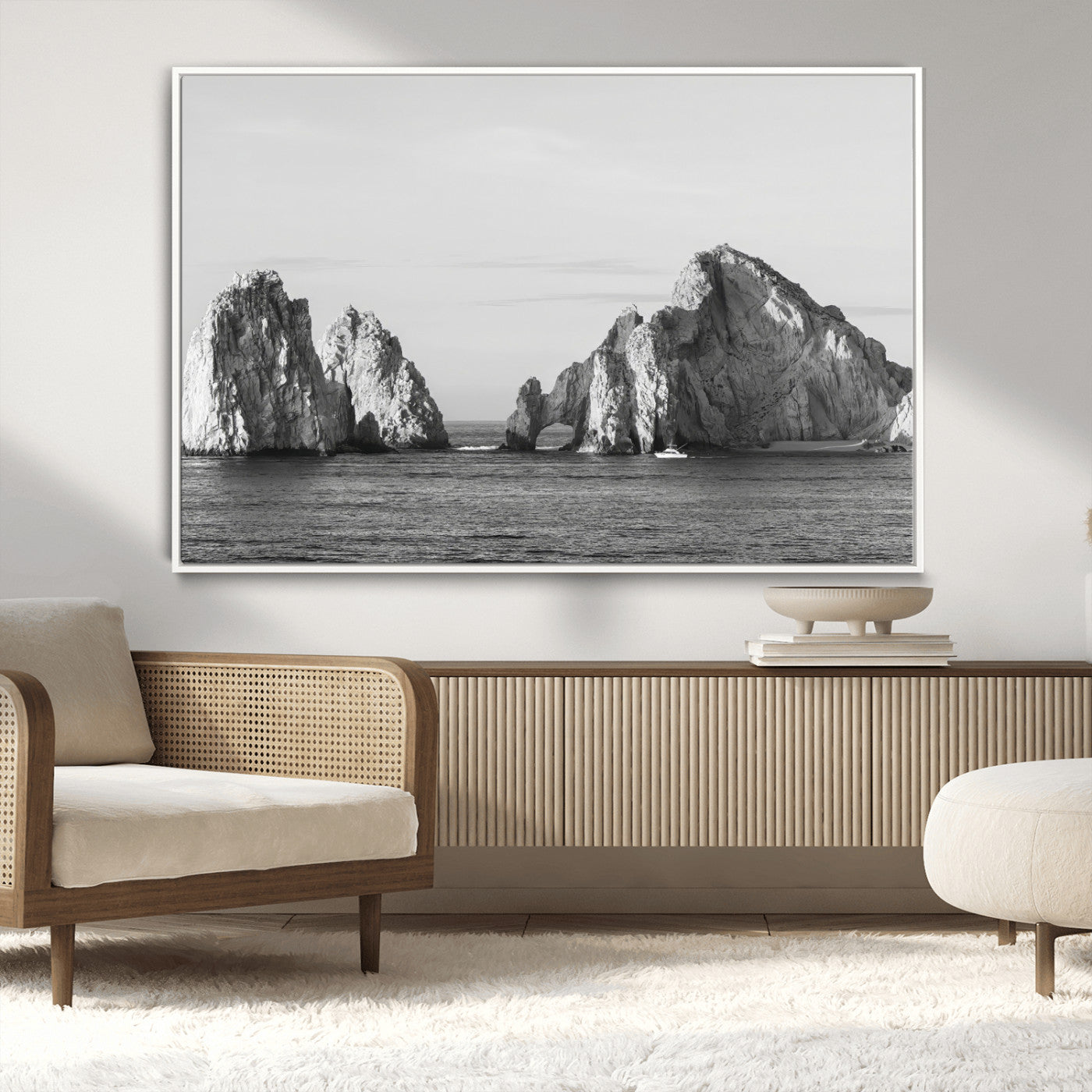 MGV-FC-36X24 - Rugged Coastline Wall Art Canvas Print, Framed Ocean Cliffs Art Picture Print, Monochrome Seascape Perfect Coastal Minimalist Decor Artwork