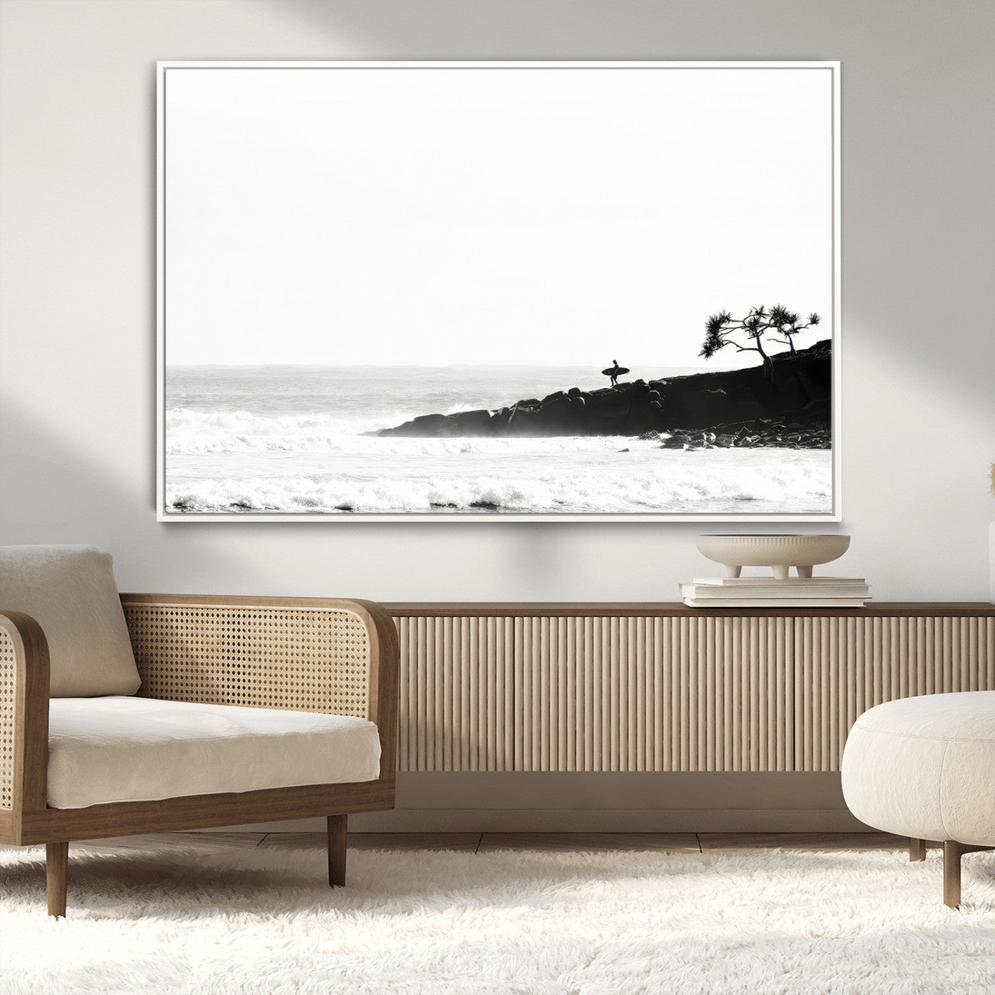 MGV-FC-36X24 - SurferCliffs Wall Art Canvas Print, Framed Black White Beach Art Picture Print, Ocean Waves Perfect Minimalist Coastal Decor Artwork