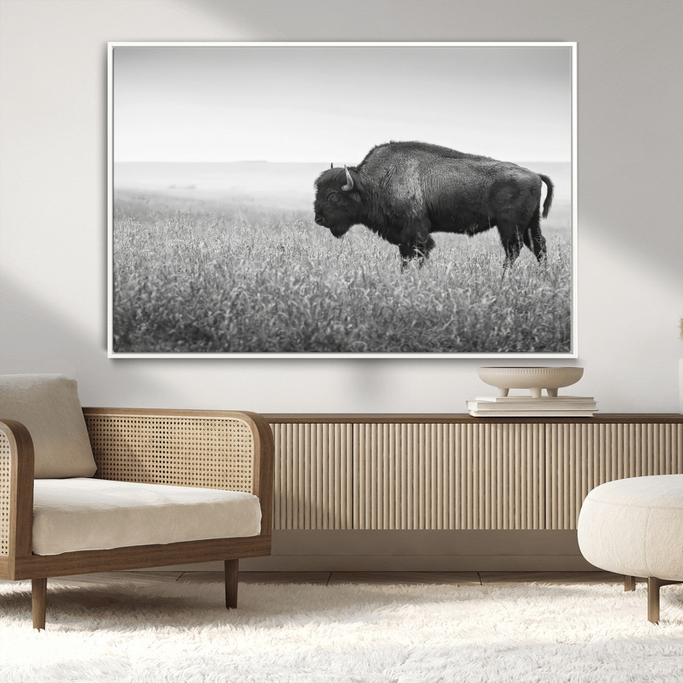 A black and white photograph of a majestic bison standing in a vast grassy prairie, evoking a sense of wilderness and strength.