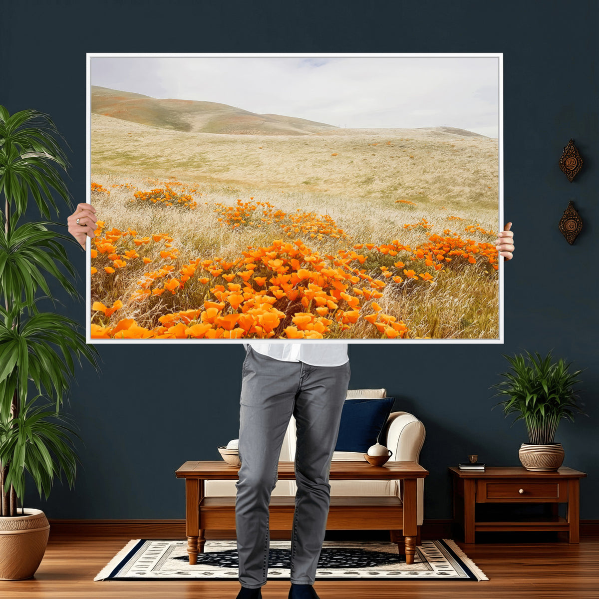 28972262-_Poster-30x20 - Golden Wildflowers Wall Art Canvas Print, Framed Hills and Poppy Meadow Scene