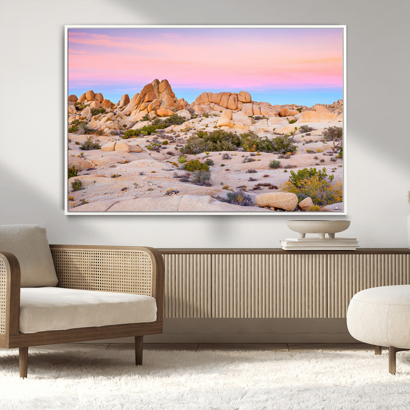 A breathtaking desert landscape featuring rugged rock formations under a vibrant pastel sunset sky, capturing the warmth and serenity of a Southwestern wilderness.