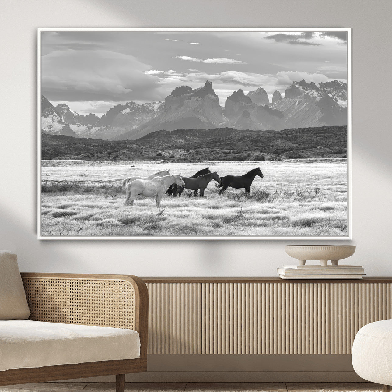 MGV-FC-36X24 - Wild Horses Wall Art Canvas Print, Framed Black White Mountains Art Picture Print, Rustic Countryside Perfect Rustic Western Decor Artwork