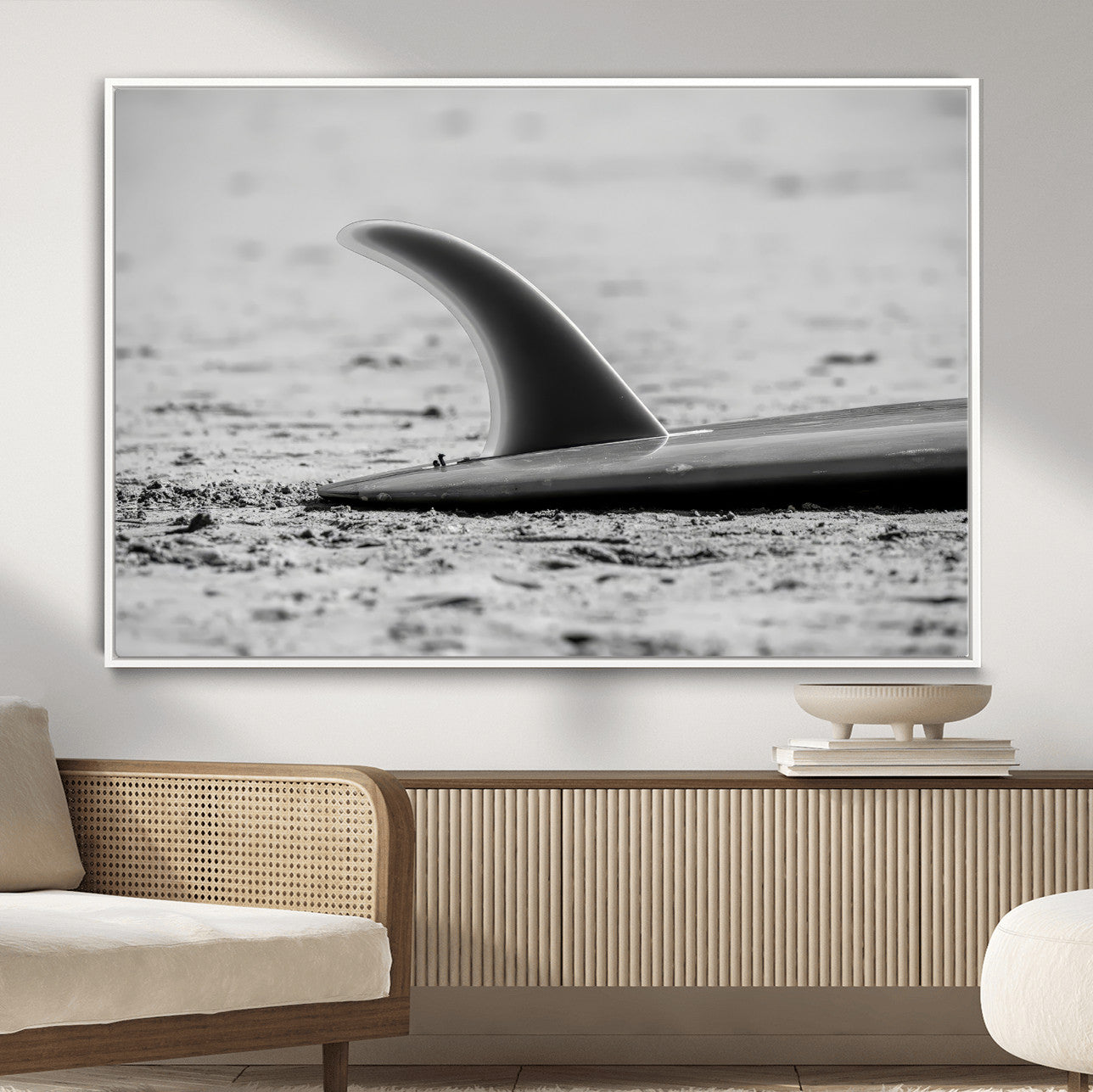 MGV-FC-36X24 - Black White Surfboard Wall Art Canvas Print, Framed Minimalist Beach Art Picture Print, Surf Fin Perfect Minimalist Coastal Decor Artwork