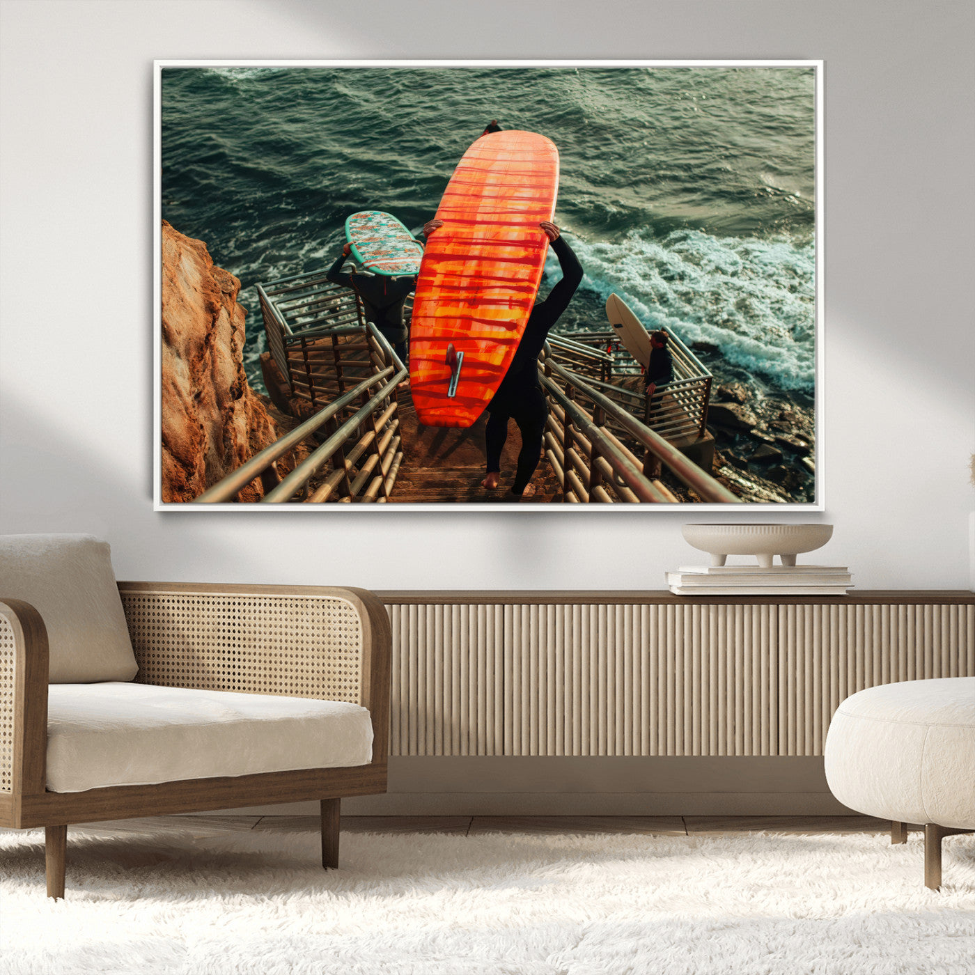 MGV-FC-36X24 - Surfer Stairway Wall Art Canvas Print, Framed Ocean Surf Art Picture Print, Sunset Coastal Perfect Coastal Adventure Decor Artwork