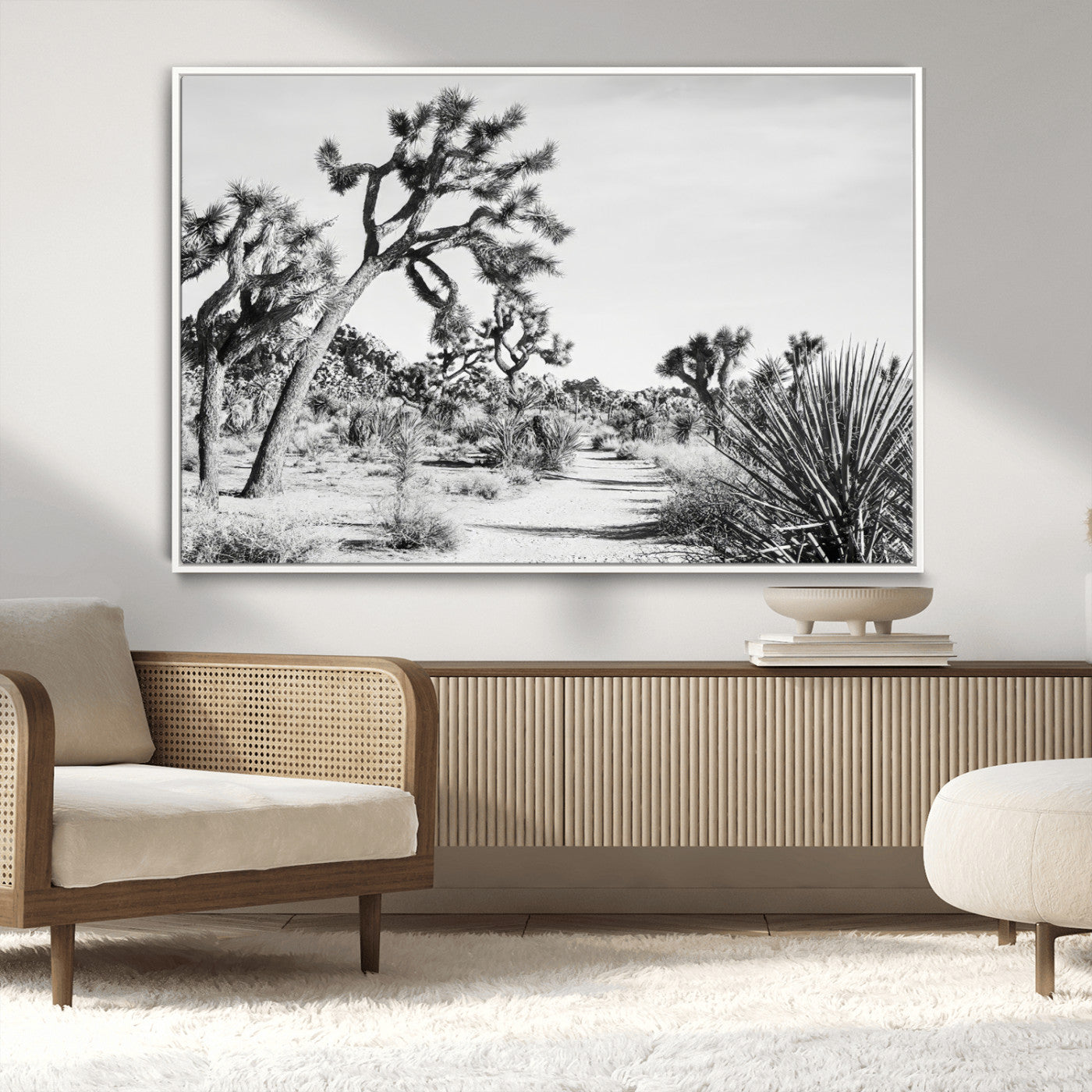 Canvas of a Joshua Tree forest in black and white tones, featuring a desert path and spiky vegetation, ideal for minimalist or rustic decor.