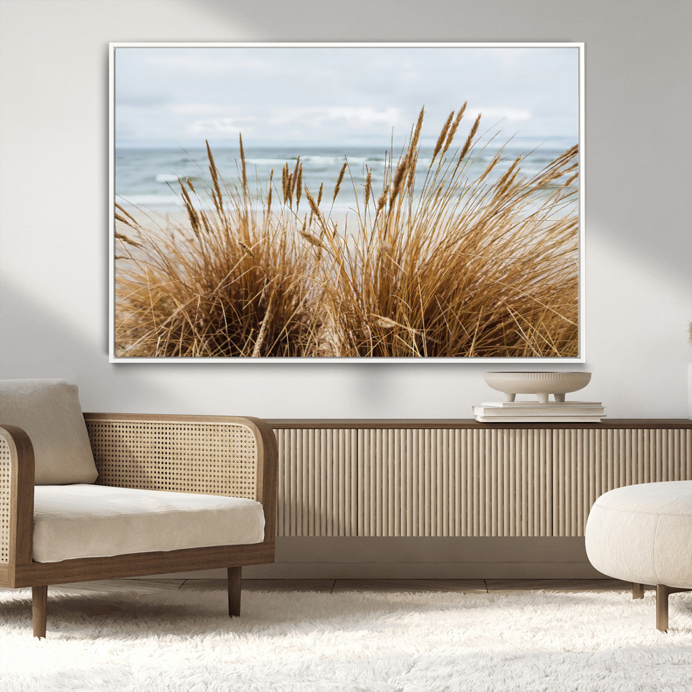 Canvas of golden beach grass swaying by the ocean under a soft cloudy sky, perfect for neutral-toned or coastal minimalist decor.