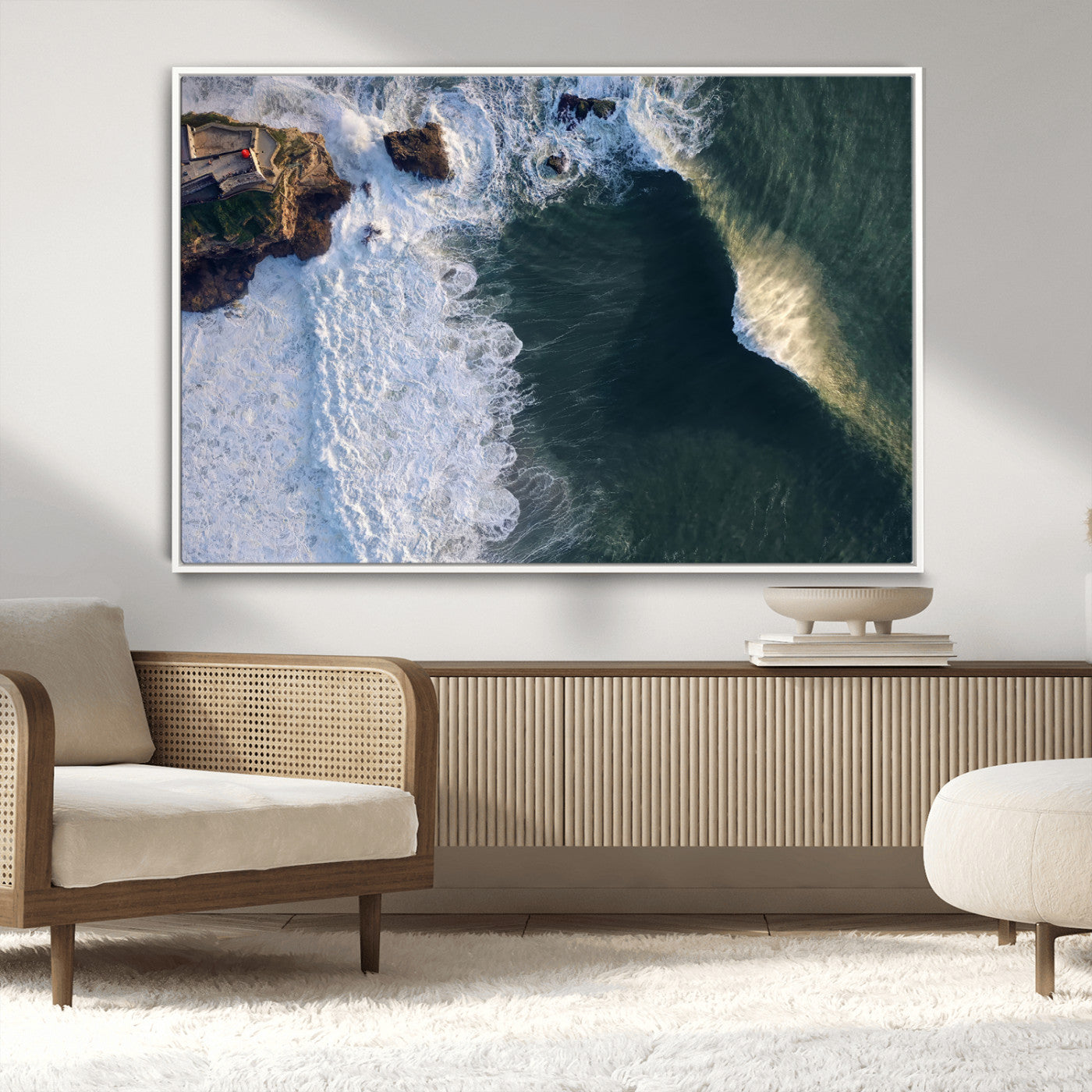 Canvas showing an aerial view of crashing waves along the Nazaré coastline, perfect for dramatic coastal or ocean-themed home decor.