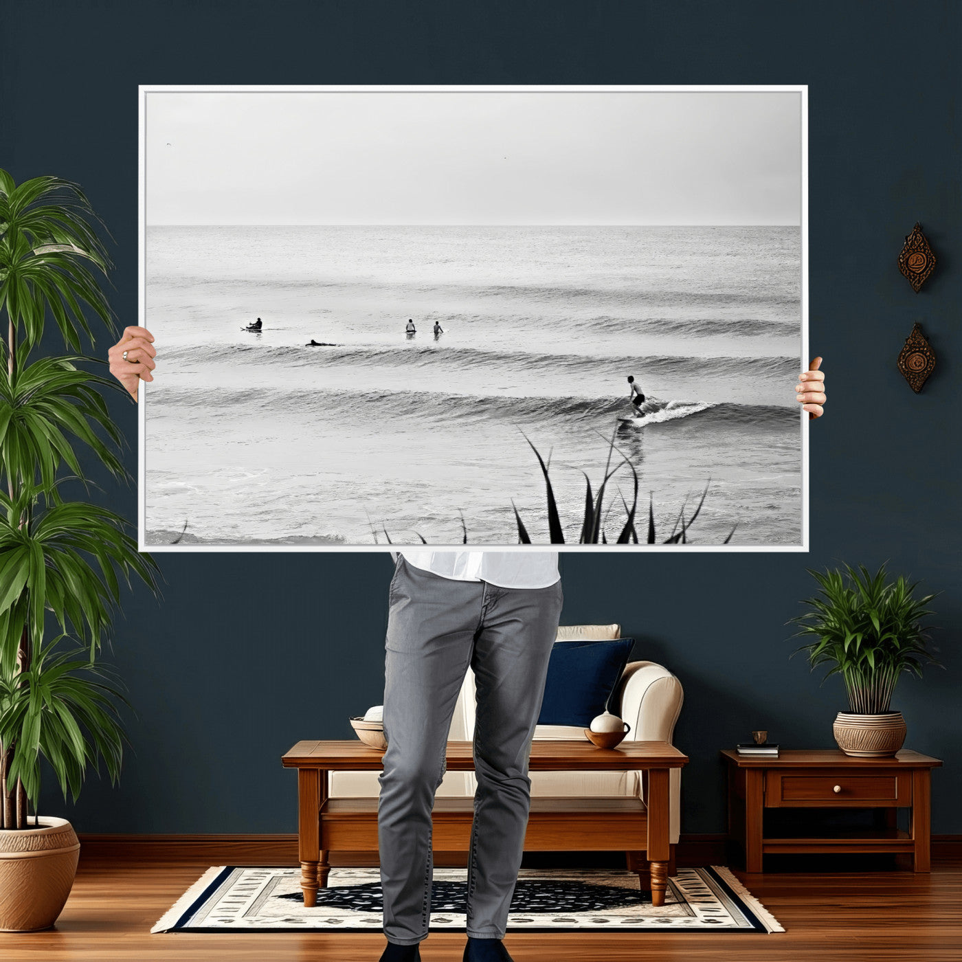 33821421-MGV-CV-36X24 - Surfer Silhouette Wall Art Canvas Print, Framed Calm Ocean Art Picture Print, Monochrome Surf Minimalist Coastal Decor Artwor