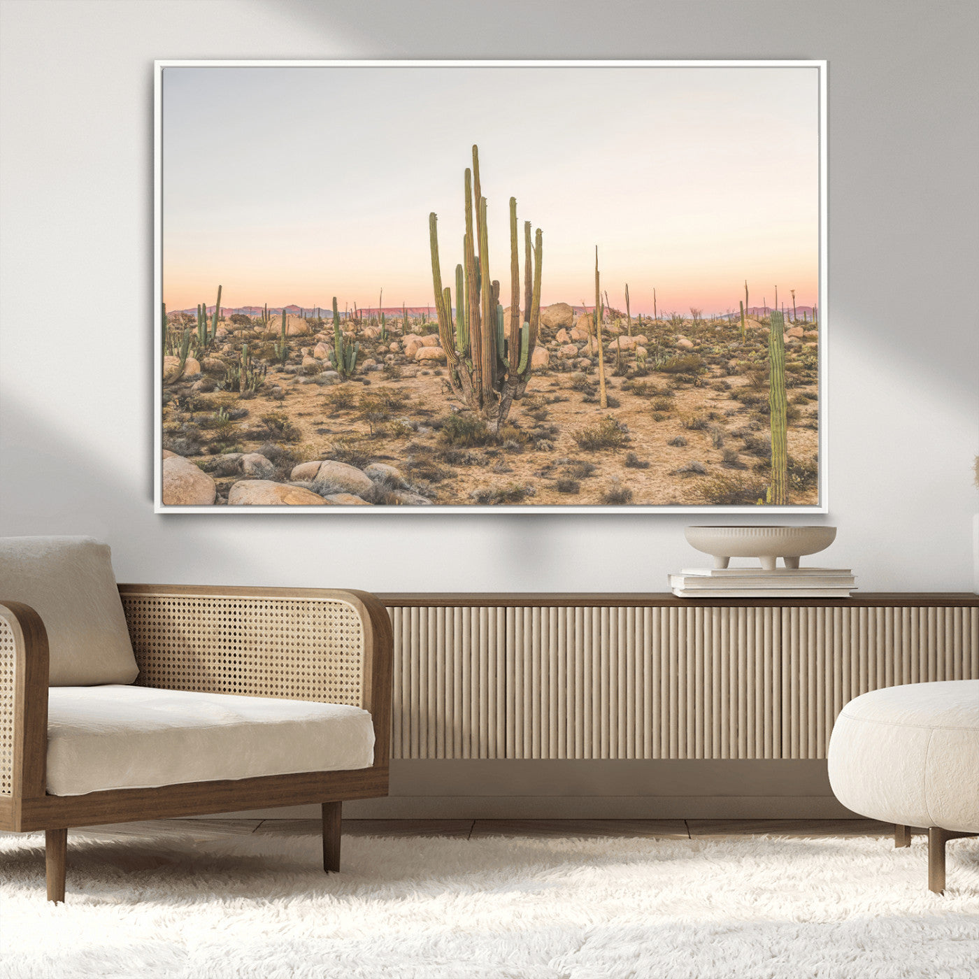 Canvas of tall desert cacti in warm sunset tones over a rocky Baja landscape, ideal for earthy or Southwestern-style home decor.