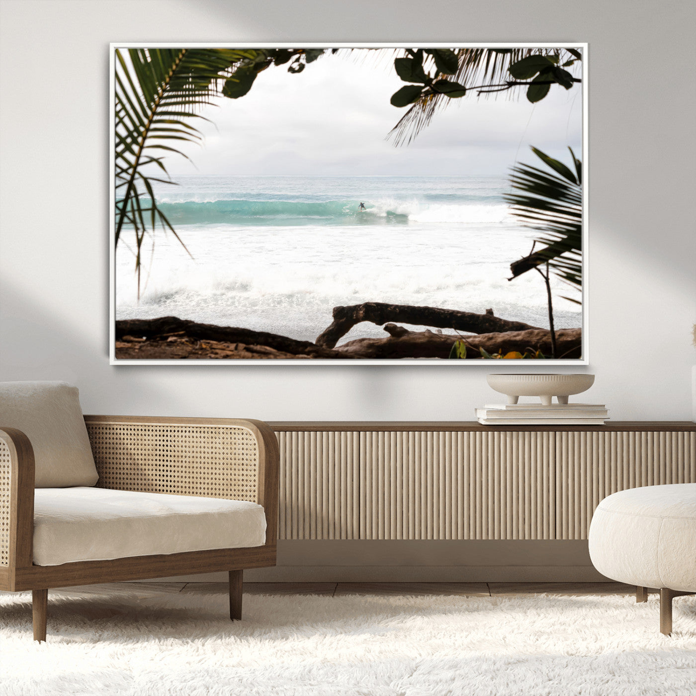 Tropical beach view with palm trees and surfer riding a wave, perfect for boho or coastal-inspired interior wall decor.