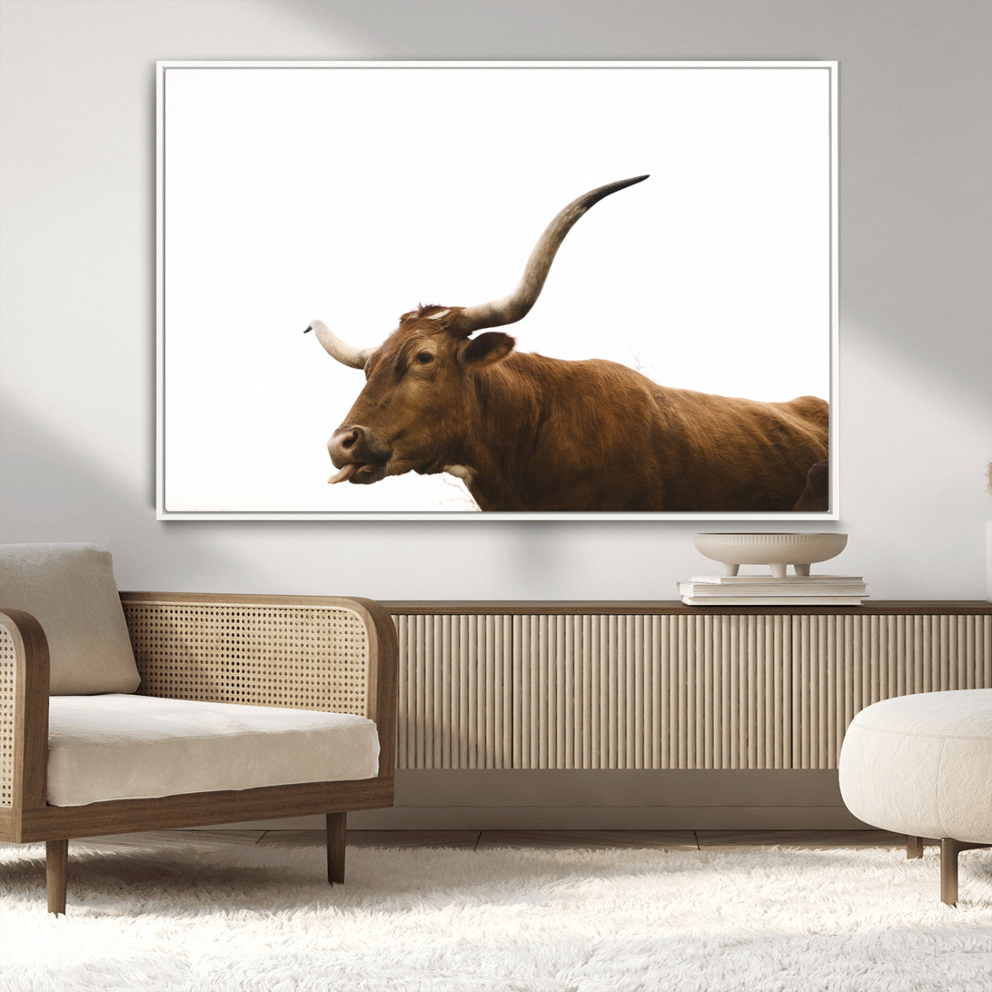 Side view of a brown Longhorn cow with curved horns on white background, perfect for rustic farmhouse or western-style home decor.