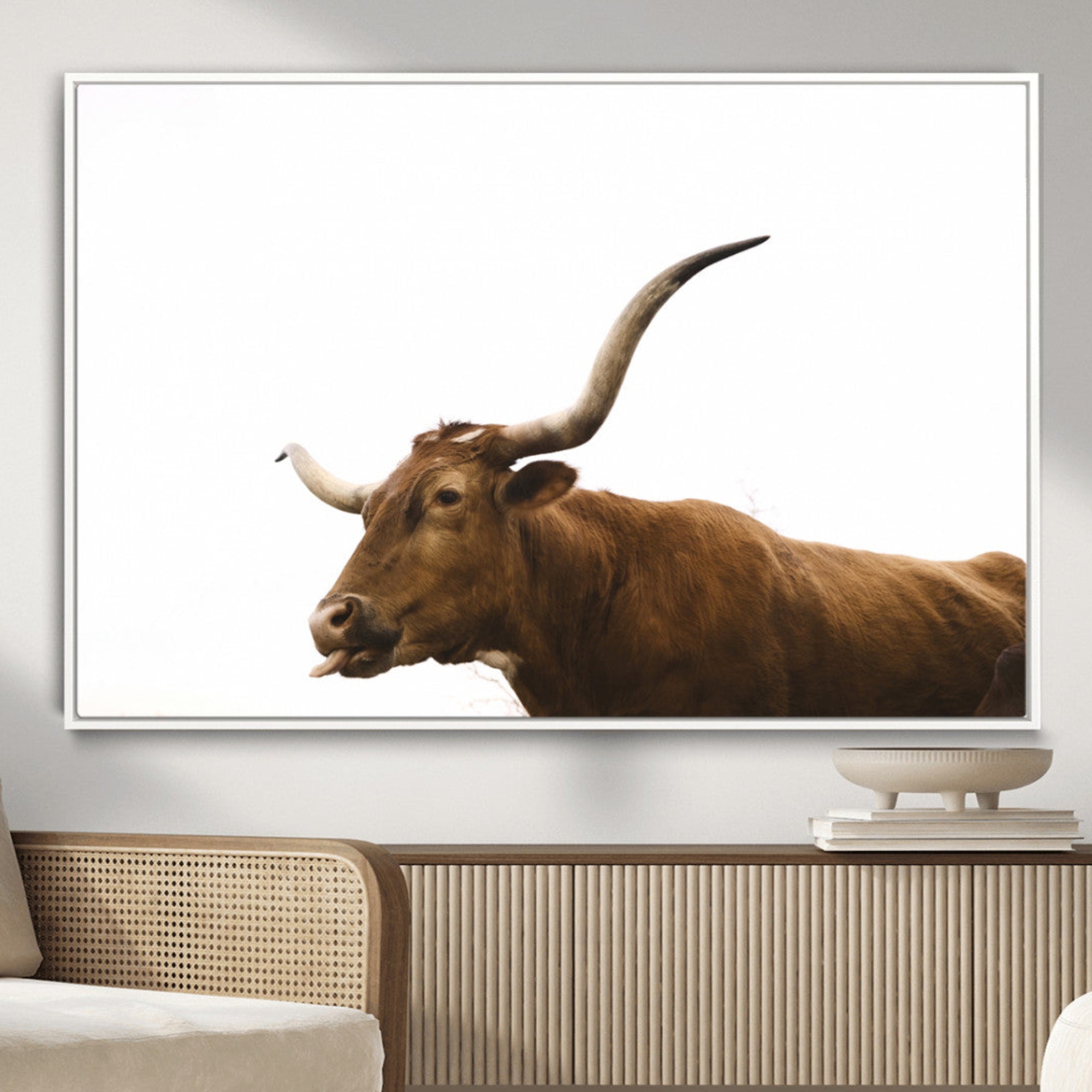 Side view of a brown Longhorn cow with curved horns on white background, perfect for rustic farmhouse or western-style home decor.