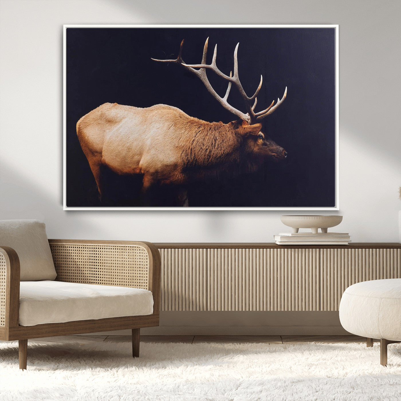 Side profile of an elk with large antlers on dark background, creating a bold rustic statement for cabin or Western-themed decor.