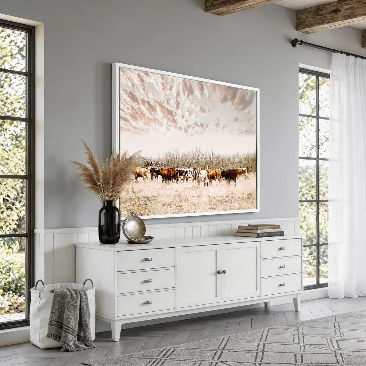 64892775-MGV-CV-24X16 - Longhorn Cattle Wall Art Canvas Print, Framed Texas Ranch Art, Western Cow Print, Prairie Landscape Decor