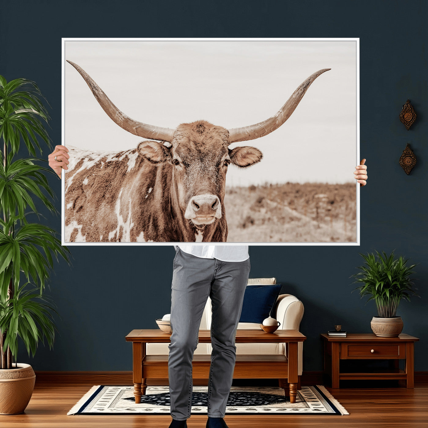 39964150-MGV-CV-36X24 - Longhorn Cow Wall Art Canvas Print, Texas Ranch Print, Framed Western Bull Art Print, Large BigHorn Cowboy Printing Perfect for County Decor