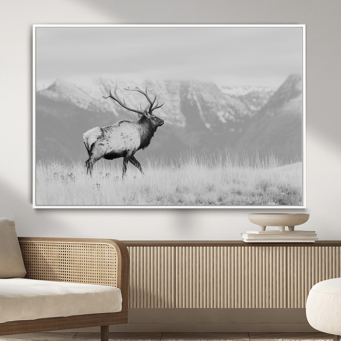 36150391-MGV-FC-36X24 - Wall Art Canvas Print – Majestic Elk Black & White Wilderness, Scenic Mountain and Grassland Landscape, Wildlife Nature Decor for Home or Office