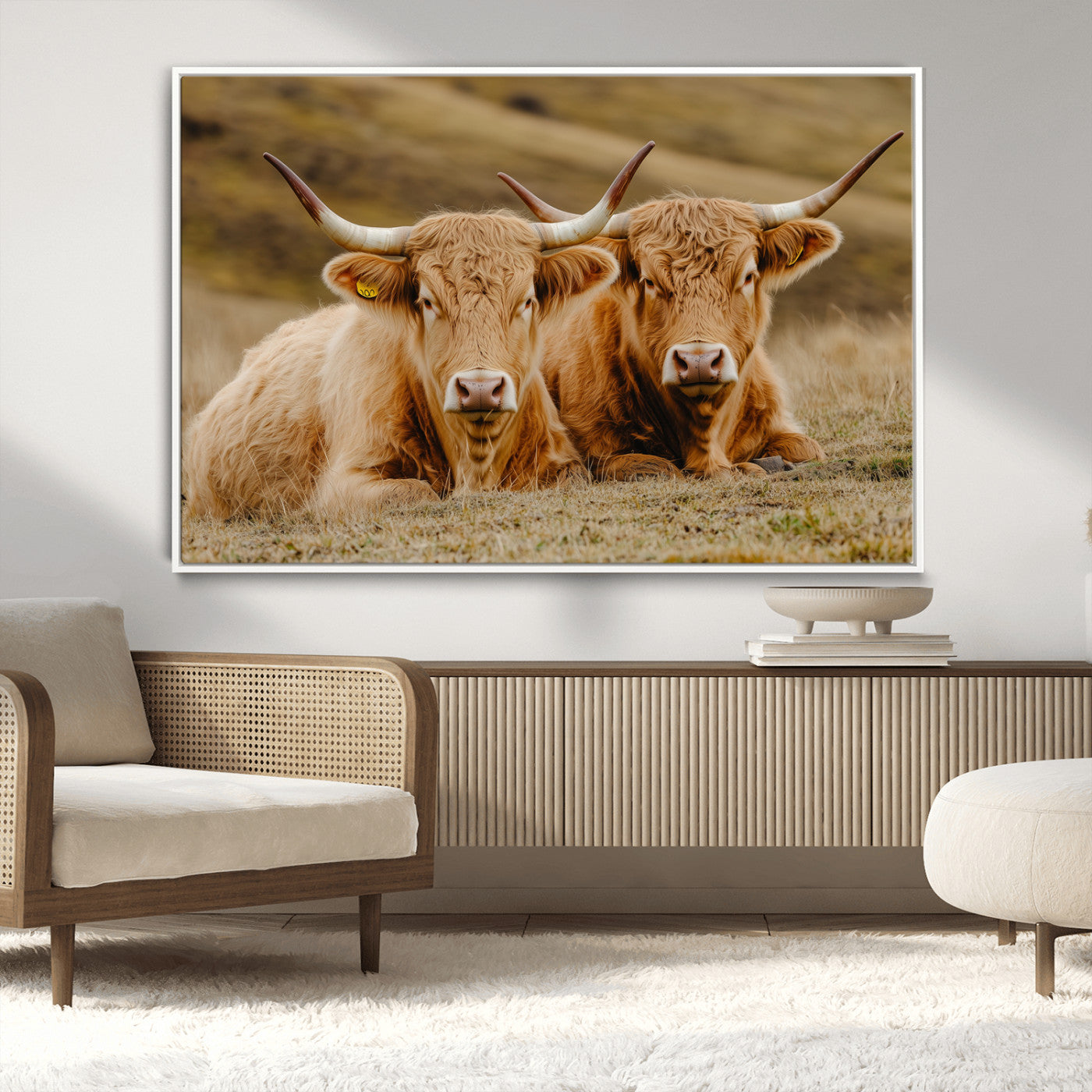 Two Highland cows resting on a golden field with soft focus hills, ideal for rustic farmhouse or cozy cabin style decor.
