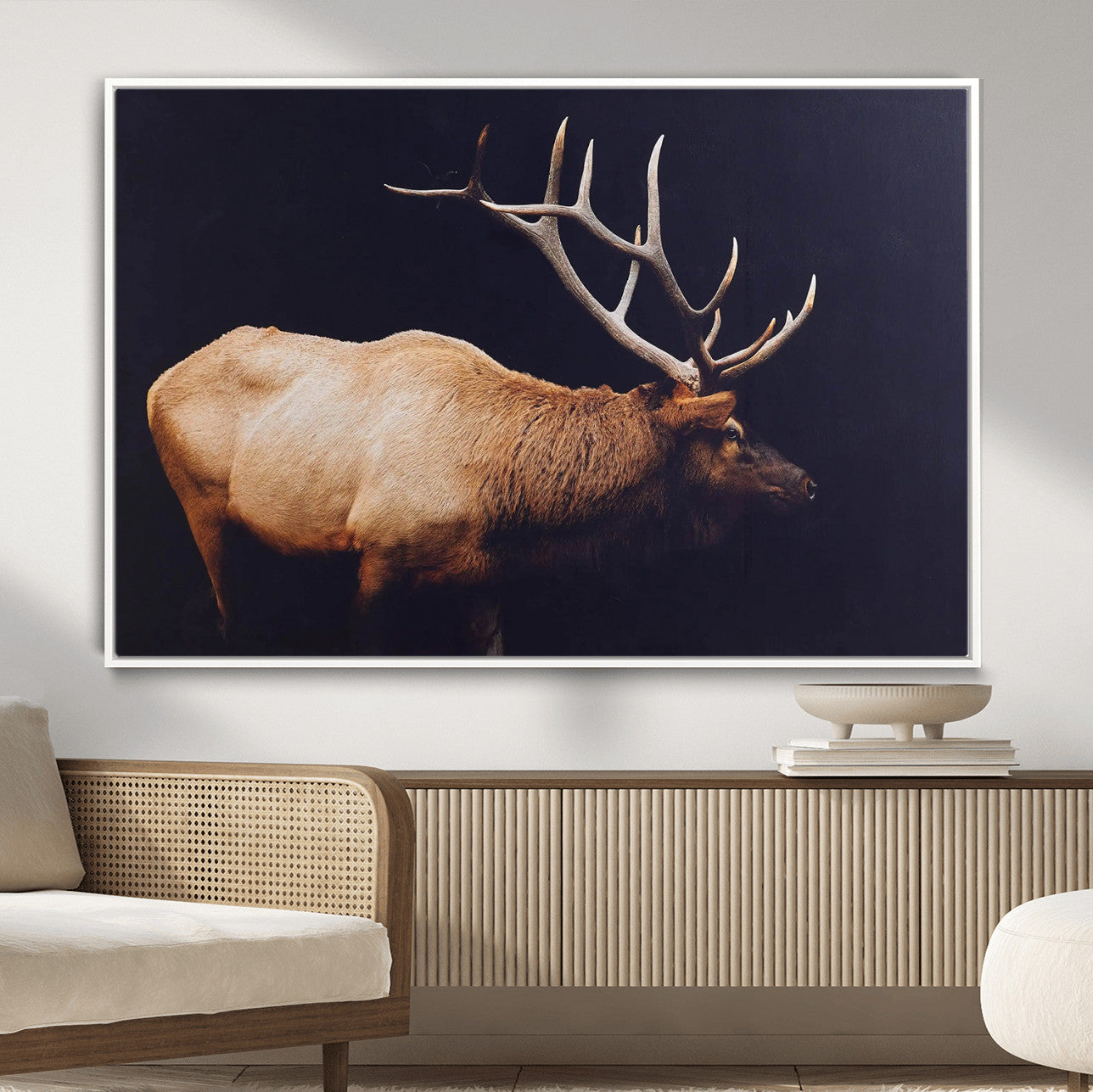 89239257-MGV-FC-36X24 - Rustic Elk Wall Art Canvas Print – Framed Moody Wildlife Art Picture Western Animal Artwork for Home, Office