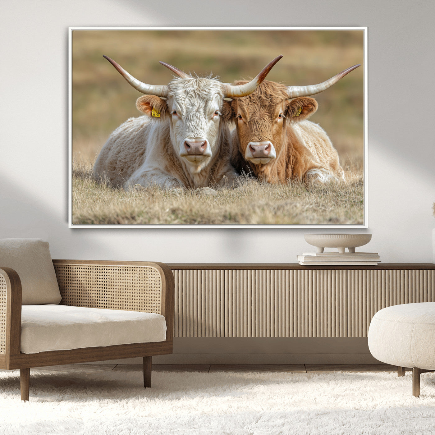 Two cows laying closely in a dry grassy field, captured in soft light, perfect for rustic farmhouse or western style home decor.