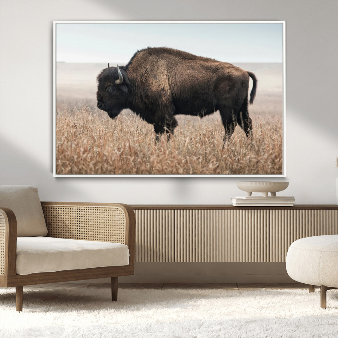 Rustic Bison Wall Art Canvas Print, Framed Buffalo Decor, Prairie Wildlife Scene