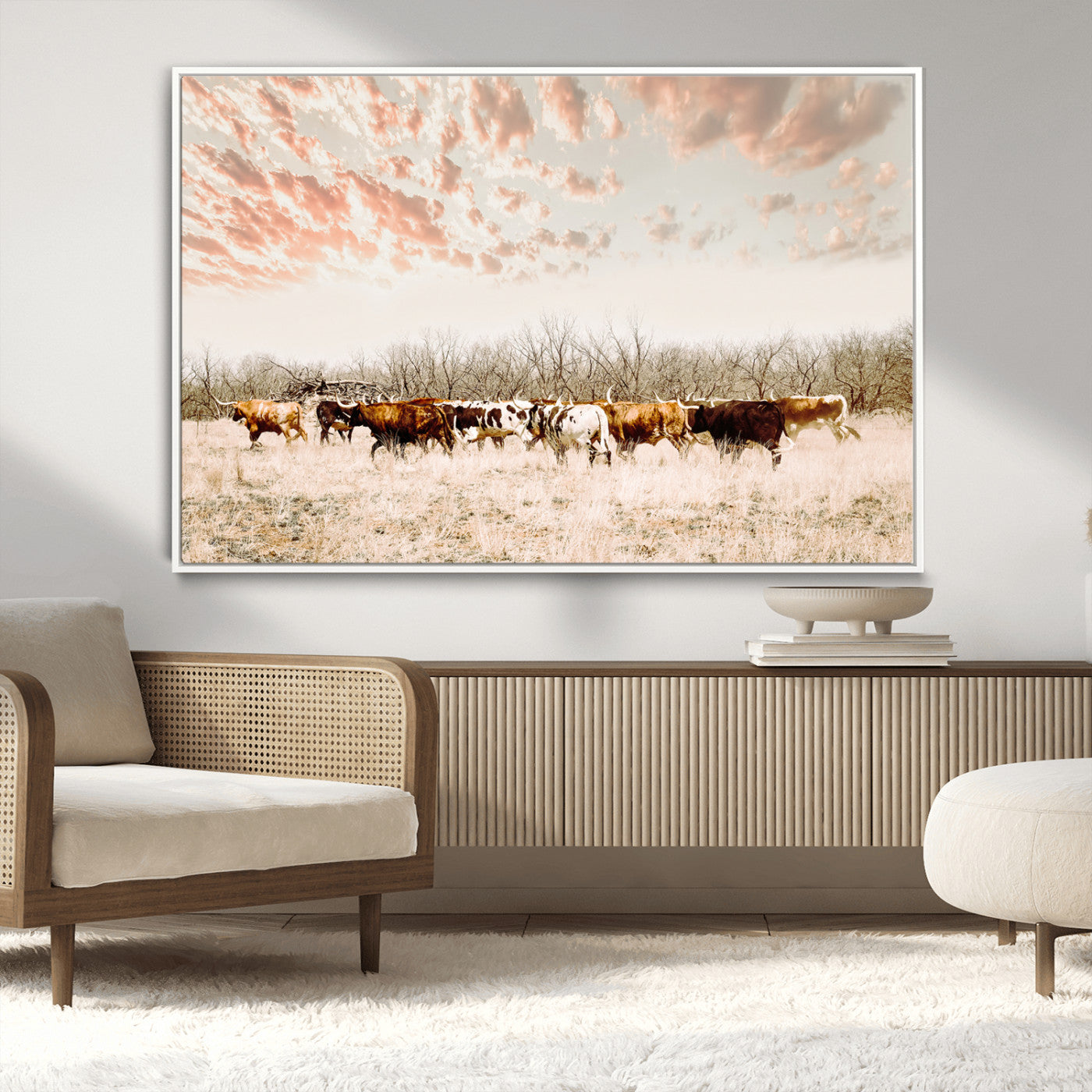 Cattle herd in a soft-toned field under a pastel pink sky, creating a peaceful rustic feel, perfect for farmhouse or western-themed spaces.
