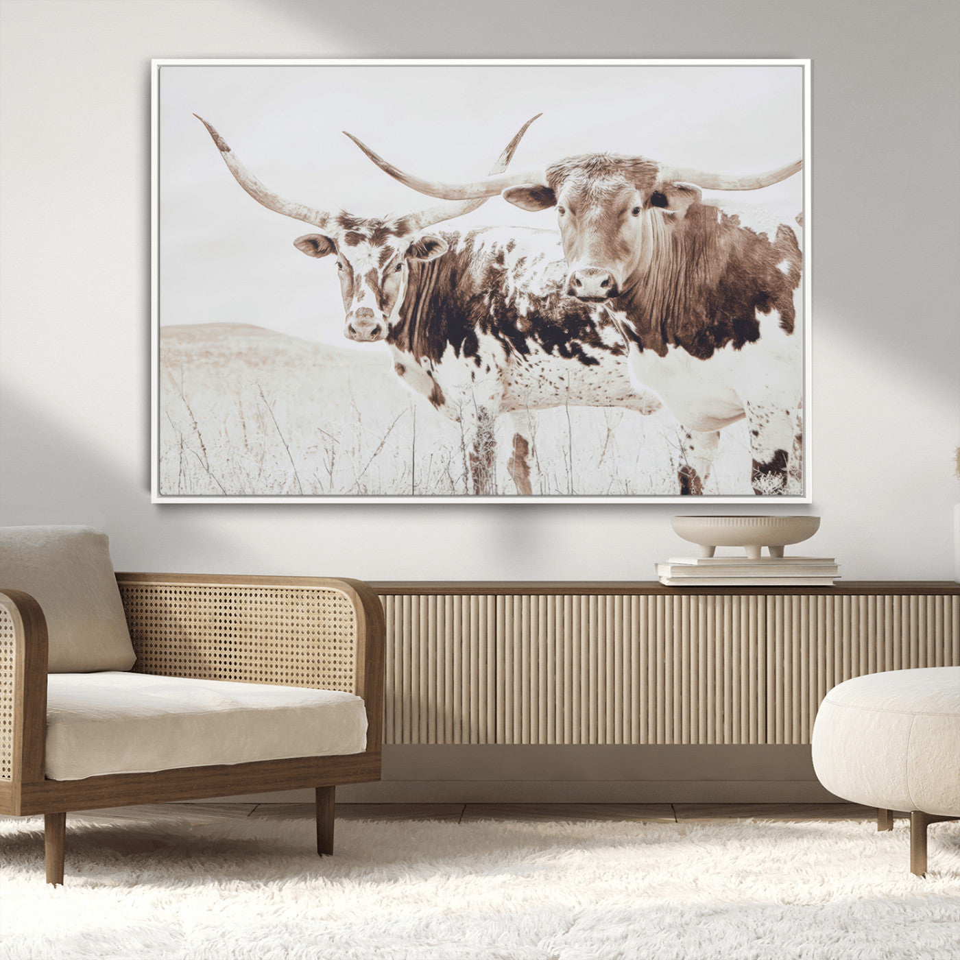 Two longhorn cows standing in a sepia-toned pasture with soft light, ideal for rustic or farmhouse-themed neutral wall decor.