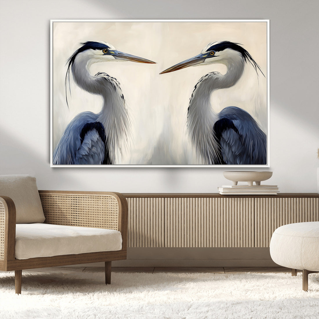 Blue Heron Pair Wall Art Canvas Print, Framed Coastal Bird Art, Tranquil Wildlife Scene