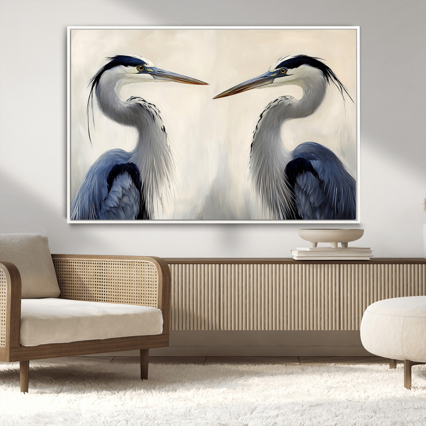 Two blue herons facing each other on a soft neutral background, ideal for coastal, tranquil, or nature-inspired minimalist interiors.
