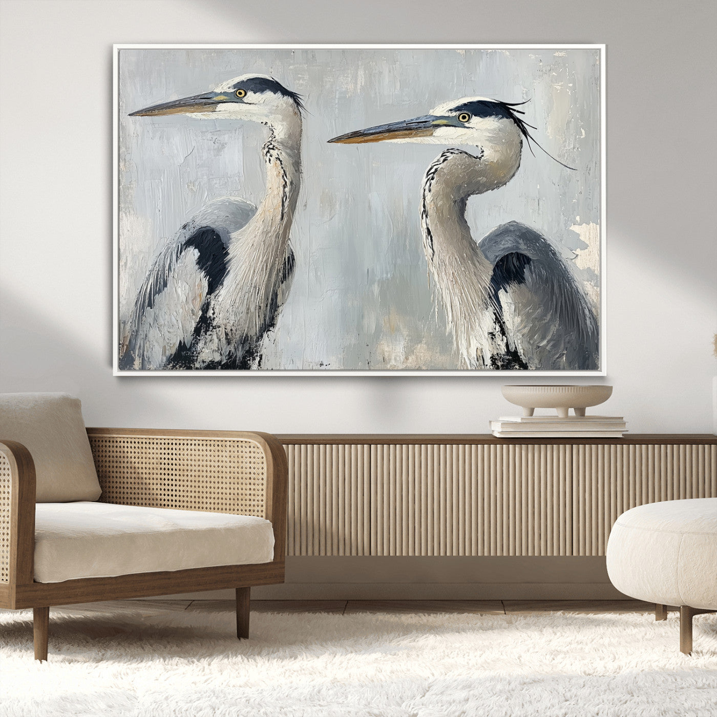 Two elegant herons in profile with soft brush strokes and blue-grey tones, ideal for serene, coastal, or minimalist interior decor.