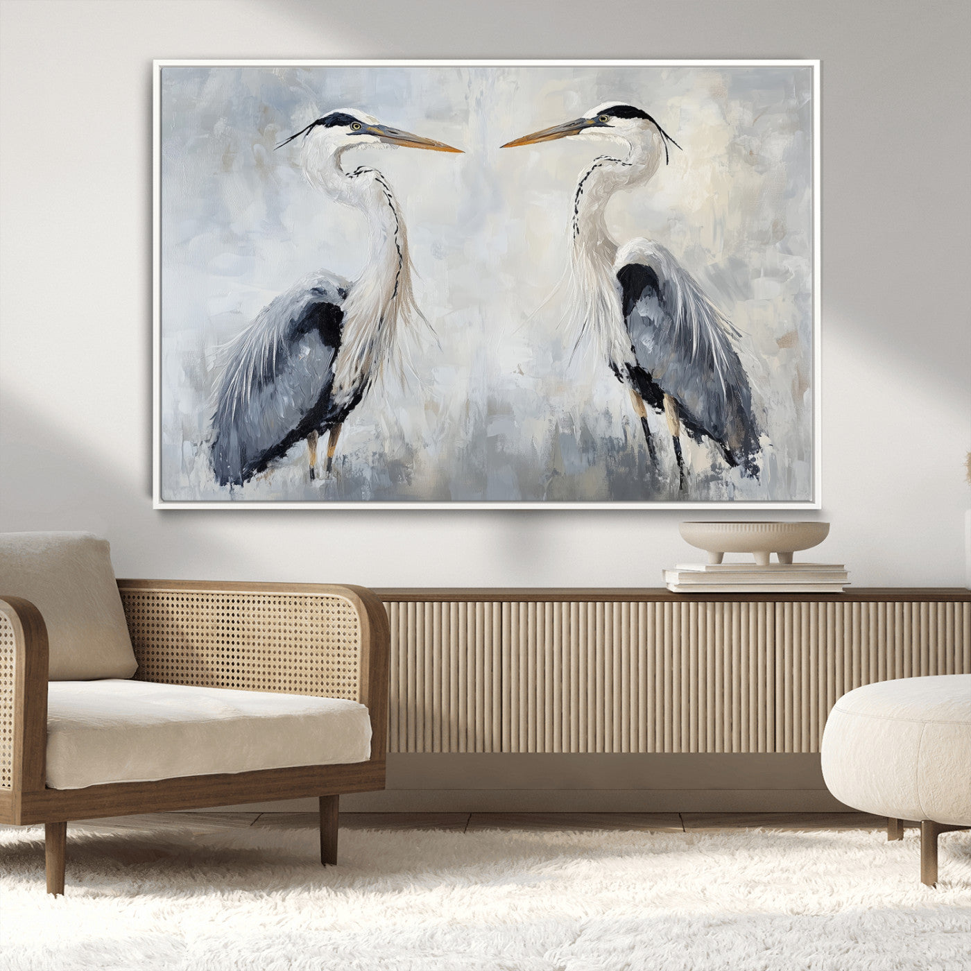 Two herons facing each other on a soft-toned background with blue-grey feathers, perfect for tranquil, coastal or nature-themed interiors.