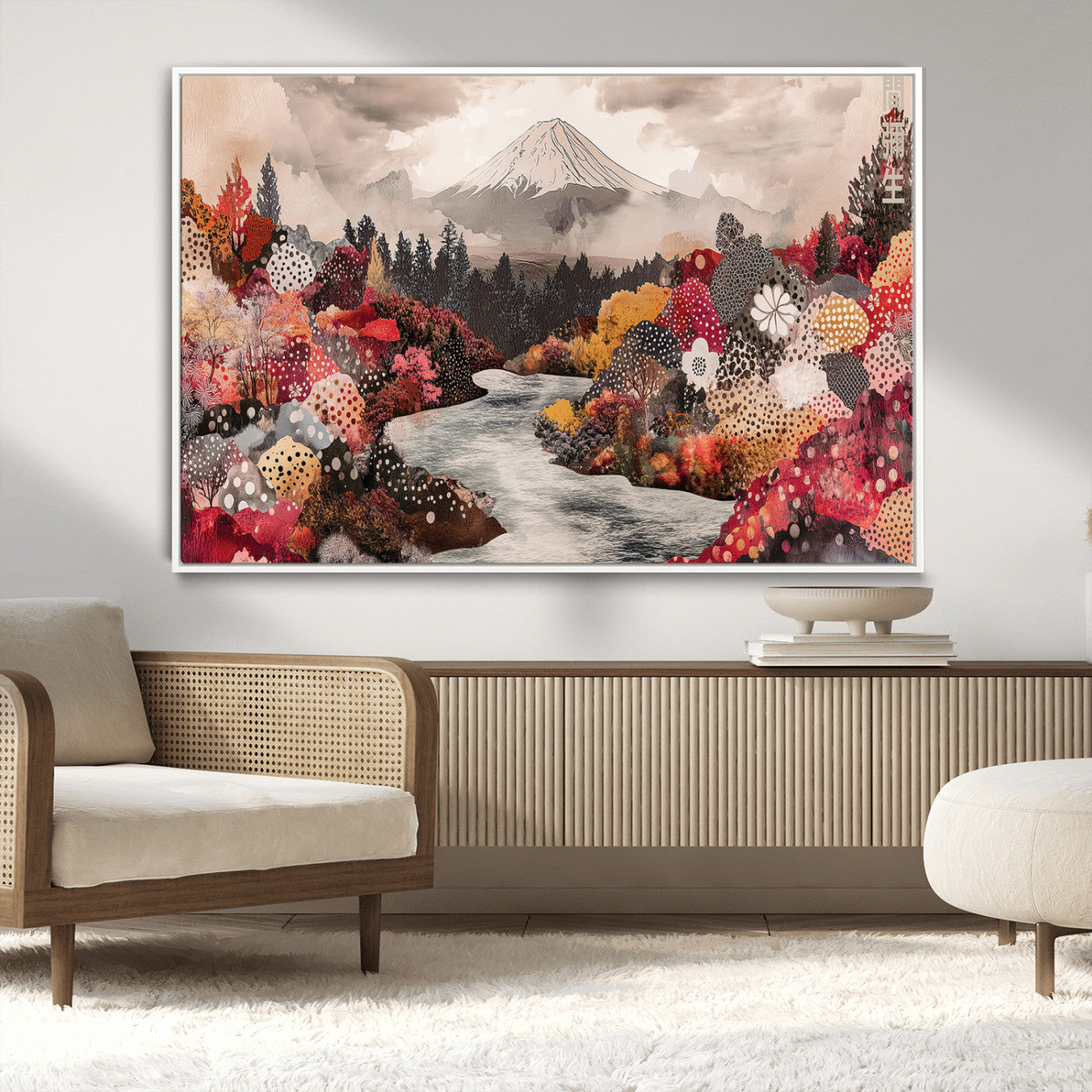 A whimsical mountain landscape with floral autumn trees, river, and misty peak, ideal for cozy, cottagecore, and nature-inspired wall decor.