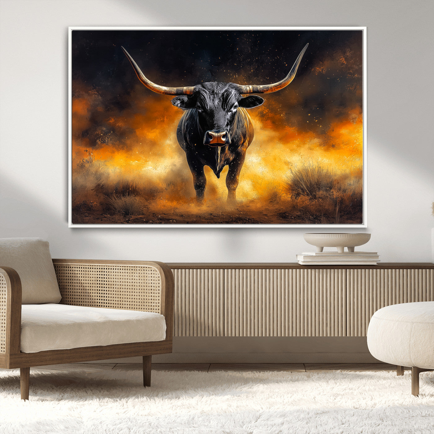 MGV-FC-36X24 - Longhorn Canvas Wall Art Canvas Print, Framed Bold Bull Wall Art Art Picture Print, Western Animal Decor Perfect Western Dramatic Decor Artwork