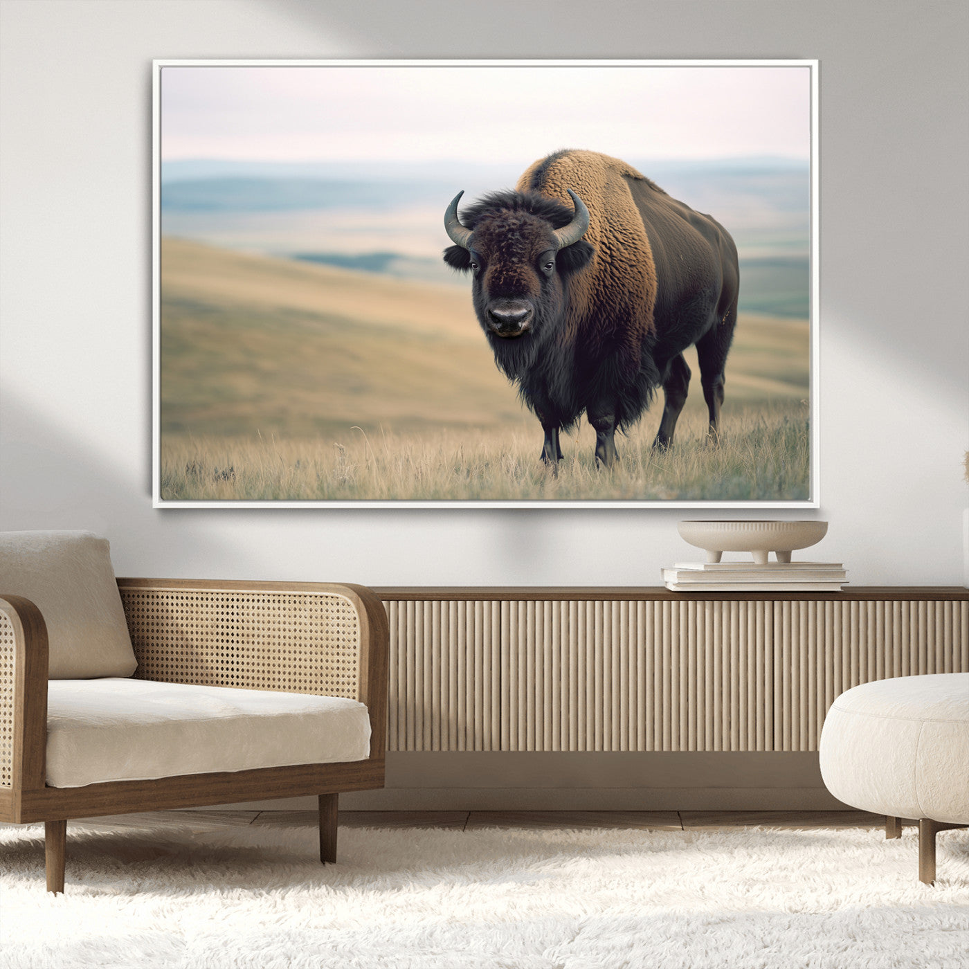 A bison standing strong on a grassy prairie with rolling hills in the background, perfect for rustic and Western-inspired wall decor.
