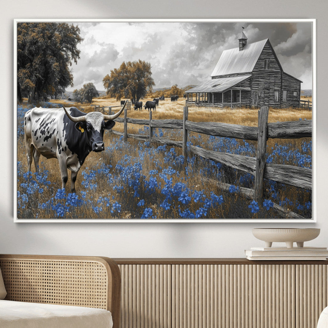 Longhorn Wall Art Canvas Print, Framed Texas Ranch Scene with Rustic Barn and Bluebonnets
