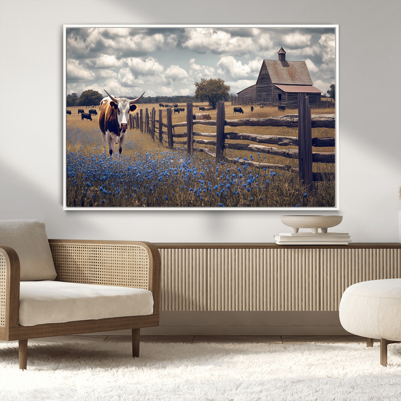 Framed canvas print of a Texas Longhorn near a rustic barn and fence, ideal for farmhouse or western-style home wall decor.