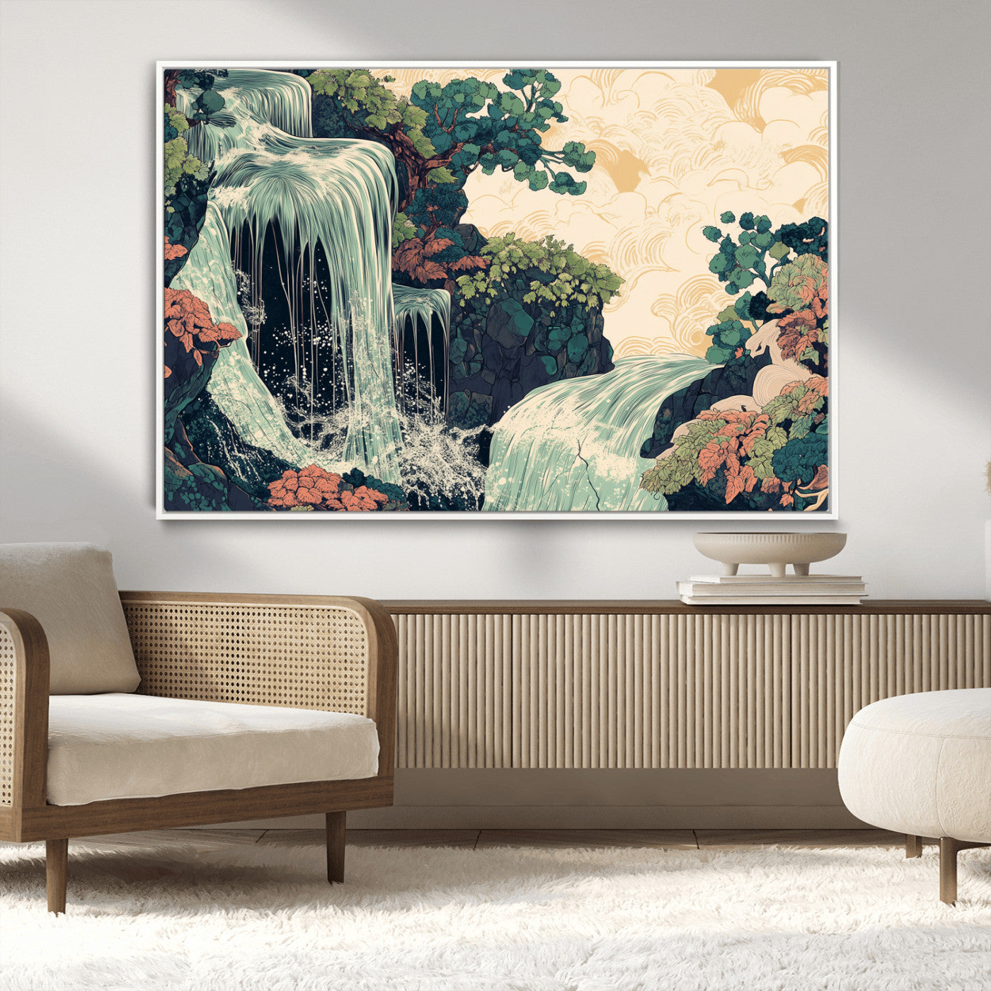 Stylized waterfall flowing through rocky terrain and lush foliage in an oriental art style, ideal for peaceful and nature-themed interiors.