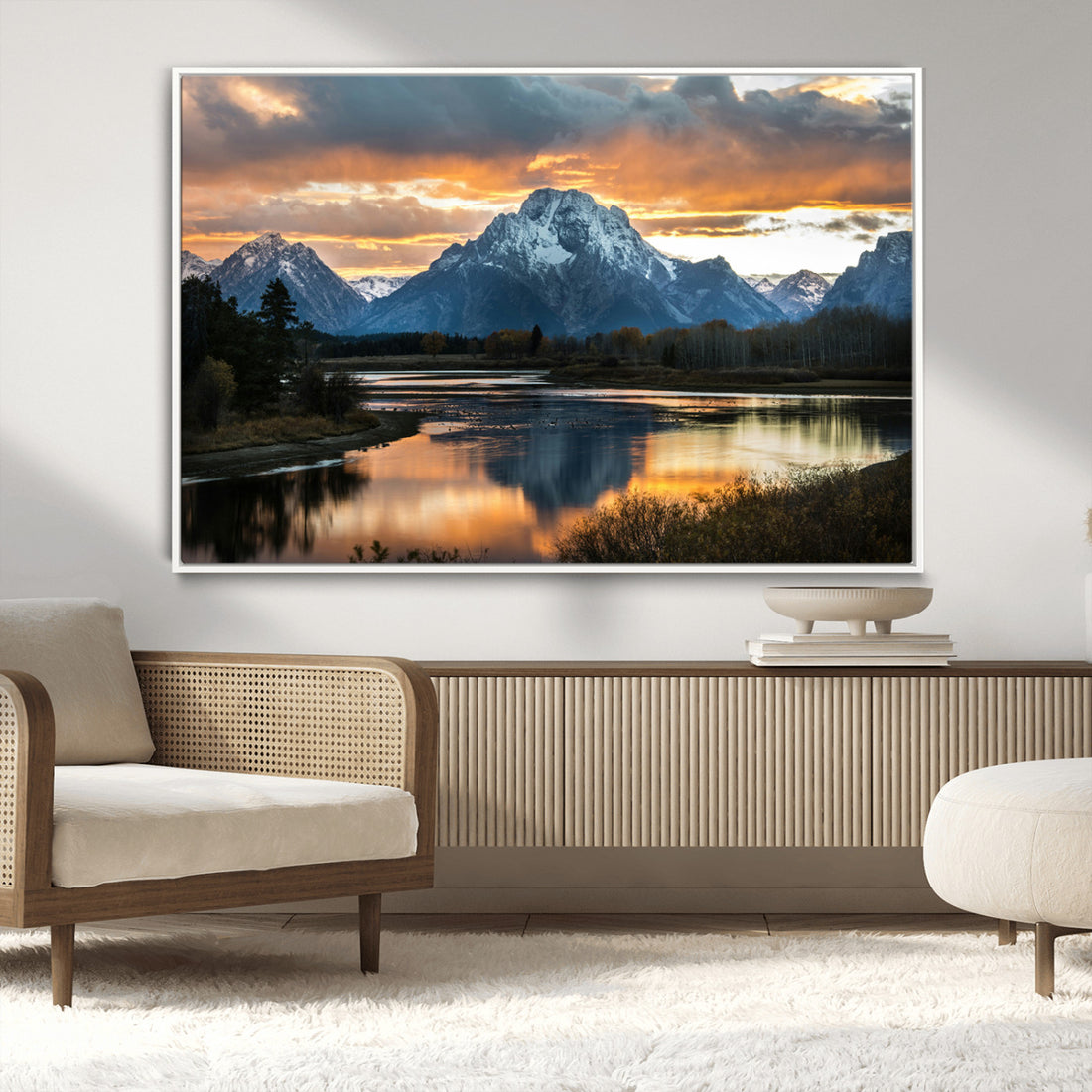 Mountain Sunset Wall Art Canvas Print, Framed Alpine Wilderness Art, Golden Hour Lake