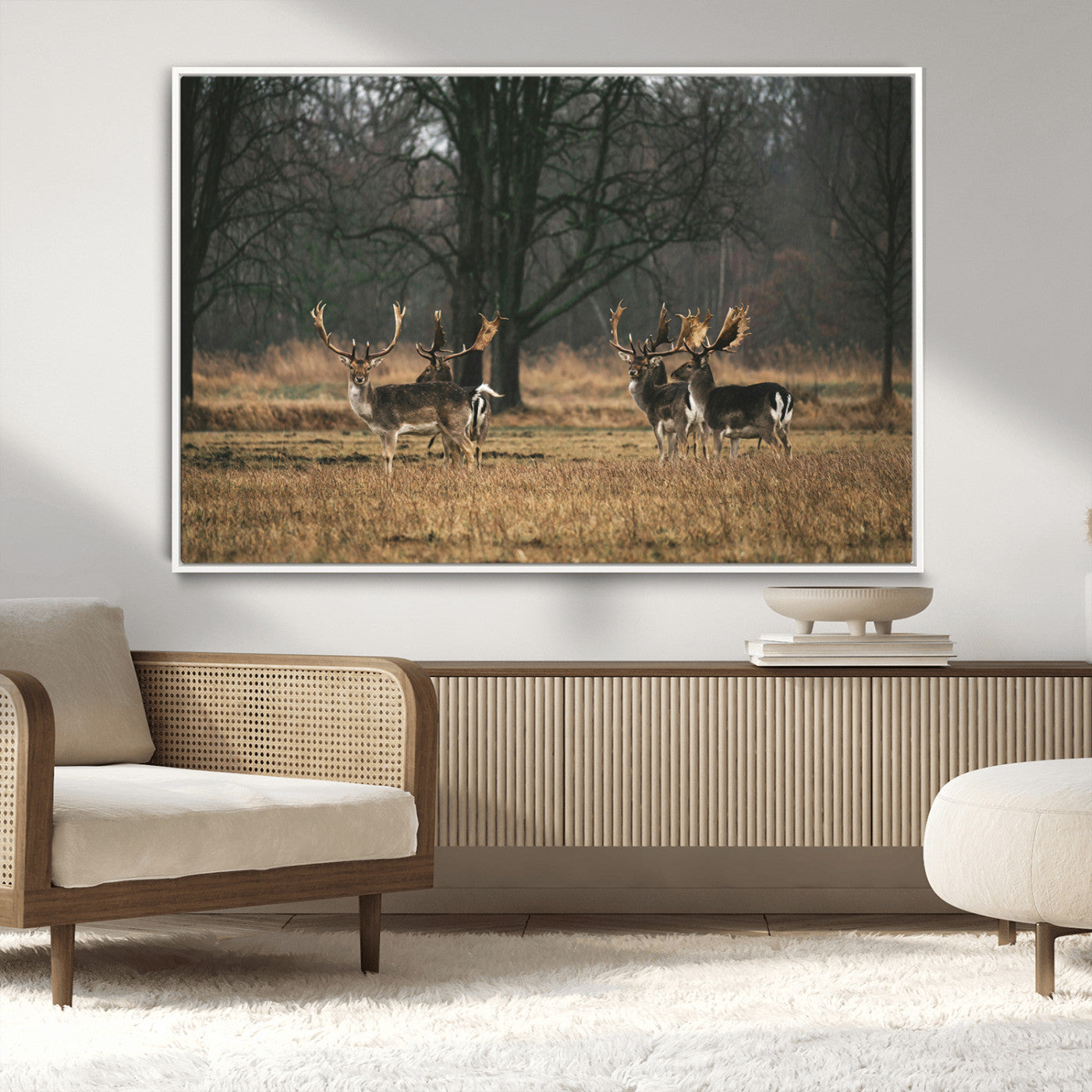 A group of majestic deer standing in a golden field with bare trees in the background, creating a peaceful woodland scene.