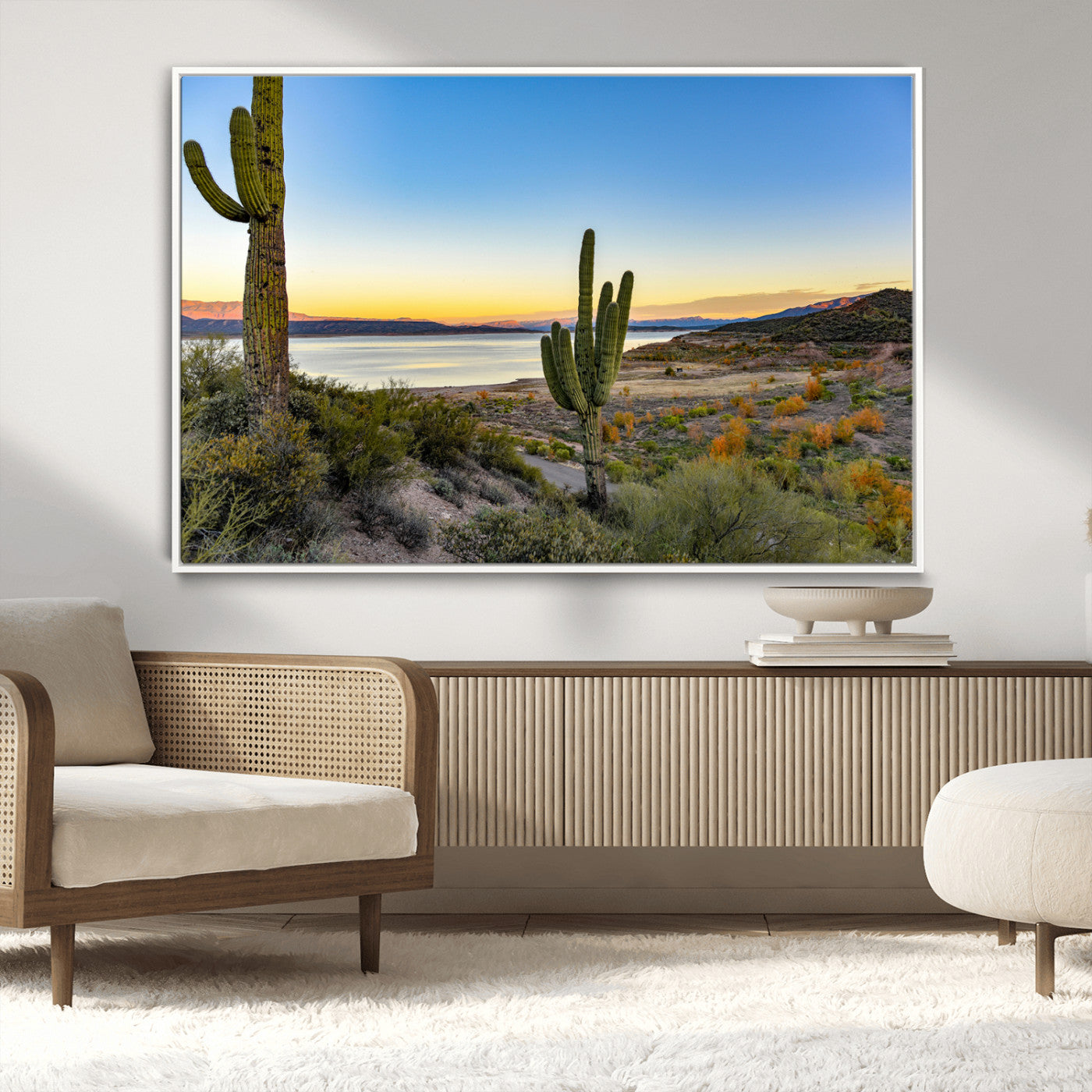Desert landscape with saguaro cacti and lake at sunset, featuring vibrant sky and hills, ideal for Southwestern or rustic wall decor.