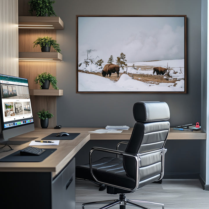 Bison Wildlife Wall Art Canvas Print, Framed Snowy Prairie Art Picture Print, Western Perfect Rustic Decor Artwork